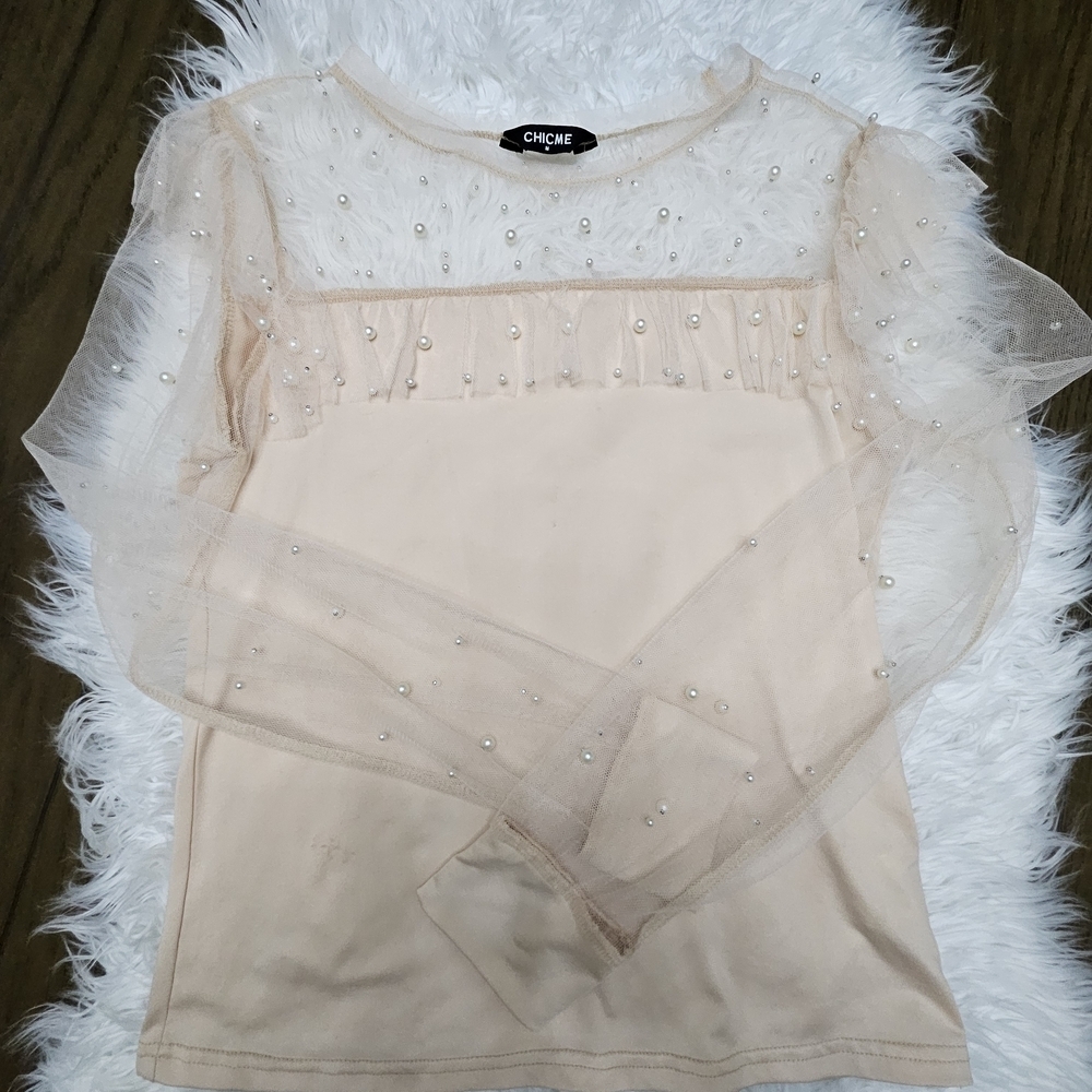 Elegant Sheer Sleeve Blouse in Cream by ChicMe
